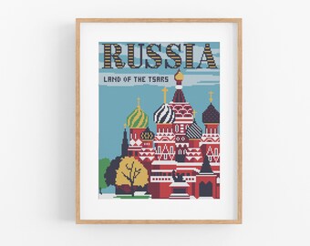 Vintage Travel Russia or Moscow Cross Stitch Pattern - Red Square Cross Stitch Pattern PDF Instant Download. Vintage Travel Russian Poster