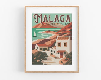 Vintage Travel Spain Cross Stitch Pattern - Vintage Style Malaga Cross Stitch Pattern PDF Instant Download. Costa Del Sol, Spanish