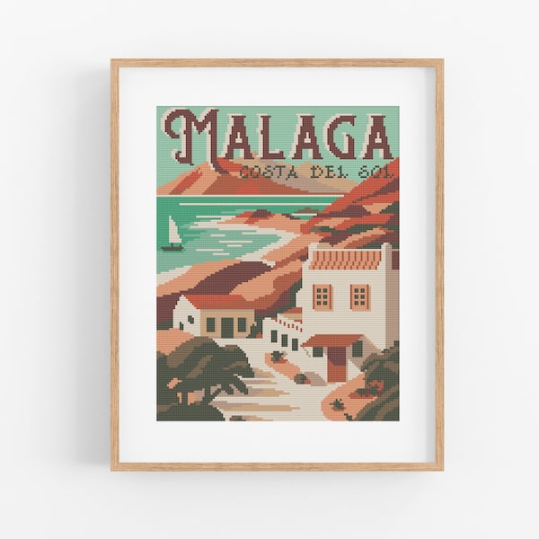 Vintage Travel Spain Cross Stitch Pattern - Vintage Style Malaga Cross Stitch Pattern PDF Instant Download. Costa Del Sol, Spanish