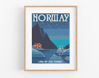Vintage Travel Norway Cross Stitch Pattern - Vintage Style Nordic Cross Stitch Pattern PDF Instant Download. Vintage Travel Scandinavia