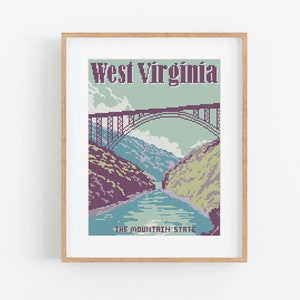 May include: A vintage-style travel poster for West Virginia, featuring a bridge over a river with mountains in the background. The text reads "West Virginia, The Mountain State."