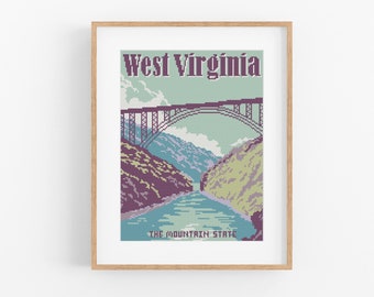 Vintage Travel 'West Virginia' Cross Stitch Pattern - Vintage Style Cross Stitch Pattern Instant Download. New River Gorge Cross Stitch WV