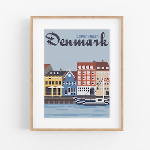 Patrón de punto de cruz de viaje vintage Dinamarca - Patrón de punto de cruz nórdico de estilo vintage PDF Descarga instantánea. Viajes Vintage Copenhague