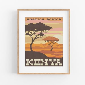 Könnte beinhalten: Ein Vintage-Reiseposter mit einer Sonnenuntergangsszene mit zwei silhouettenartigen Bäumen und dem Text "AMAZING AFRICA KENYA".