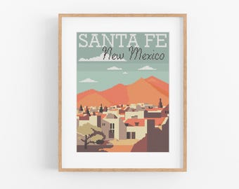 Vintage Santa Fe Cross Stitch Pattern: New Mexico Travel Souvenir (PDF Download)