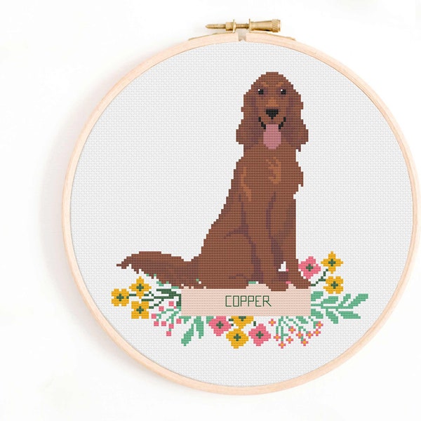 Irish Setter Cross Stitch Pattern - Personalise Your Dog Nameplate Pattern Instant Download. Red Setter / Red and White Setter Cross Stitch