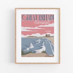Patrón de punto de cruz Vintage Travel Cornwall - Patrón de punto de cruz de Gran Bretaña de estilo vintage PDF Descarga instantánea. Viajes vintage Inglaterra