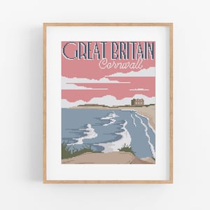 Vintage Travel Cornwall Cross Stitch Pattern - Vintage Style Britain Cross Stitch Pattern PDF Instant Download. Vintage Travel England