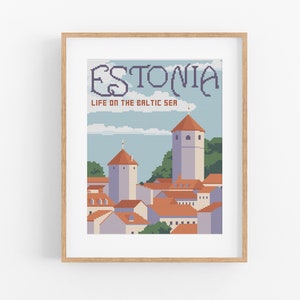 Może przedstawiać: Winietkowy plakat podróżniczy z pikselowym wzorem przedstawiającym panoramę miasta z budynkami o czerwonych dachach i błękitnym niebem. Tekst na plakacie brzmi: "Estonia, Życie nad Bałtykiem."