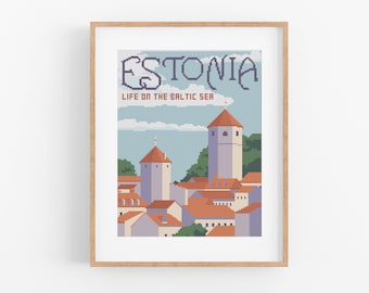 Patrón de punto de cruz de viaje vintage a Estonia - Patrón de punto de cruz de Tallin en PDF, descarga instantánea. Patrón de punto de cruz del casco antiguo de Tallin.