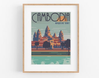 Vintage Travel Cambodia Cross Stitch Pattern - Angkor Wat Cross Stitch Pattern PDF Instant Download. Vintage Travel Asia Cambodian Poster