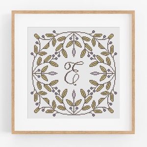Calligraphy Monogram Cross Stitch Pattern - Blueberry Frame with Cross Stitch Alphabet  for adding Initial, Customize Your Own Pattern