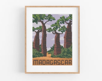 Vintage Travel Madagascar Cross Stitch Pattern - African Countries Cross Stitch Pattern PDF Instant Download. Baobab Trees Cross Stitch