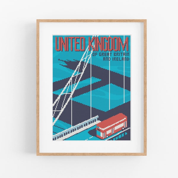 Vintage Travel United Kingdom Cross Stitch Pattern - Vintage Style London Bridge Cross Stitch Pattern PDF Instant Download. UK Travel.