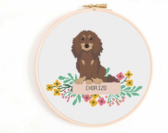 Long-Haired Dachshund Cross Stitch Pattern - Personalise Your Dog Nameplate Pattern PDF Instant Download. Doxie, Wiener Dog, Sausage Dog