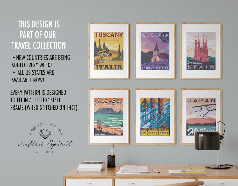 May include: Six framed cross stitch patterns of travel destinations. The patterns include Tuscany, Austria, Spain, South Africa, United States of America, and Japan. The frames are all the same size and are arranged in two rows of three. The frames are on a gray wall. The text "Lifted Spirit" is visible in the bottom left corner of the image.