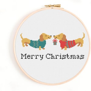 Weihnachten Dackel - Süßes Weihnachten Kreuzstich Stickmuster - Dackel Stickmuster - Wurst Hunde Kreuzstich PDF. Weihnachten Muster.