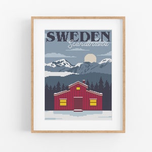 Patrón de punto de cruz "Viaje vintage a Suecia" - Patrón de punto de cruz nórdico de estilo vintage en PDF, descarga instantánea. Viaje vintage a Escandinavia.