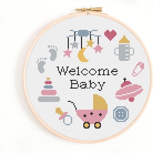 Welcome Baby Cross Stitch Pattern - New Baby Cross Stitch Pattern PDF Instant Download. Nursery Decor Cross Stitch, New Mom Baby Shower Gift