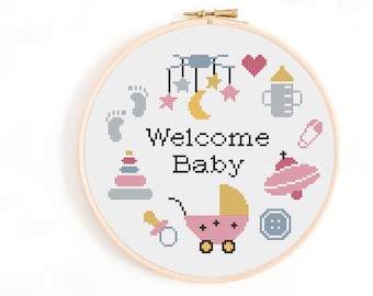 Welcome Baby Cross Stitch Pattern - New Baby Cross Stitch Pattern PDF Instant Download. Nursery Decor Cross Stitch, New Mom Baby Shower Gift