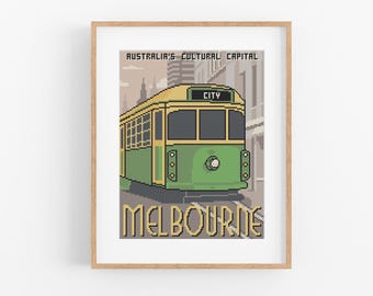 Vintage Melbourne Tram Cross Stitch Pattern: Australia Travel Souvenir (PDF Pattern