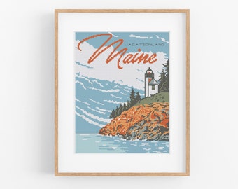 Vintage Travel 'Maine' Cross Stitch Pattern - Vintage Style Vacationland Cross Stitch Pattern Instant Download. Vintage Travel Art