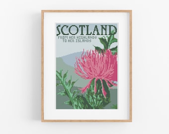 Vintage Travel Scotland Cross Stitch Pattern - Vintage Style Scottish Cross Stitch Pattern PDF Instant Download. Vintage Travel Thistle