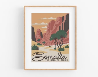 Vintage Travel Somalia Cross Stitch Pattern - Africa Cross Stitch Pattern PDF Instant Download. Somiland Horn of Africa Cross Stitch Pattern