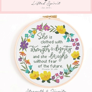 Christian Cross Stitch Pattern She is Clothed in Strength and Dignity Cross Stitch Pattern PDF Download. Bible Verse Proverbs 31 25 image 3