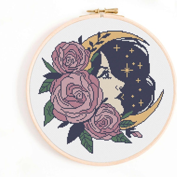 Amongst Stars Cross Stitch Pattern - Young Woman Crescent Moon Cross Stitch Pattern PDF Instant Download. Roses Floral Cross Stitch Pattern