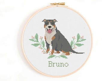 American Pit Bull Cross Stitch Pattern - Personalise Your Own Pit Bull Nameplate Pattern PDF Instant Download. Tricolour, Brindle, Spot