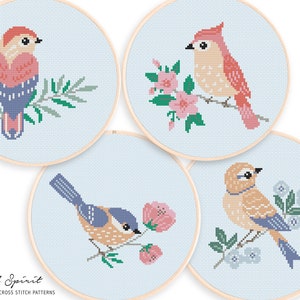 Kruissteek vogels - Set van 4 kruissteekpatronen - Kruissteekpatroon lentevogels. Vogel Decor Cross Stitch Chart / Mooie Cross Stitch