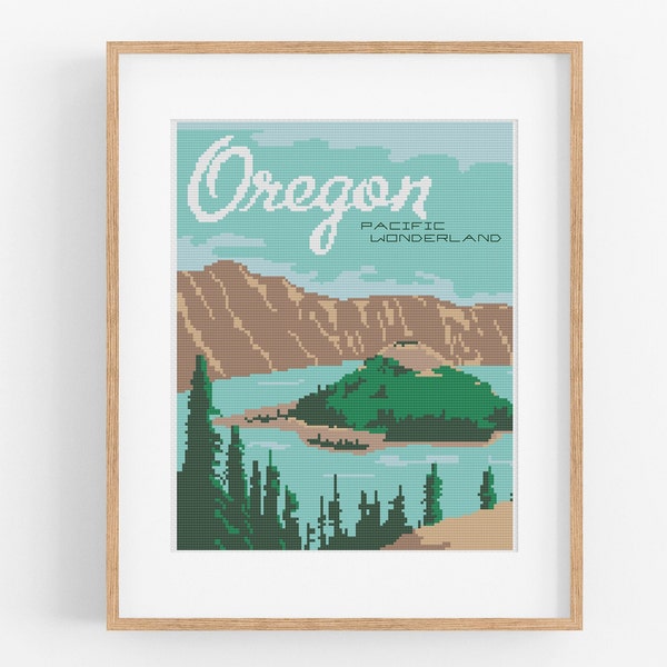 Vintage Travel 'Oregon' Cross Stitch Pattern - Vintage Style Crater Lake Cross Stitch Pattern Instant Download. Vintage Travel Art