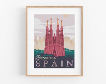 Patrón Punto de Cruz Viajes Vintage España - Patrón Punto de Cruz Estilo Vintage Barcelona PDF Descarga Instantánea. La Sagrada Familia, Español