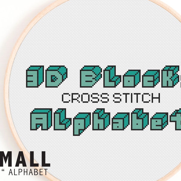 Full Alphabet Cross Stitch Pattern - Small 3D Style Cross Stitch Alphabet - 8-Bit Pixel Cross Stitch Alphabet Pattern - Kids Style