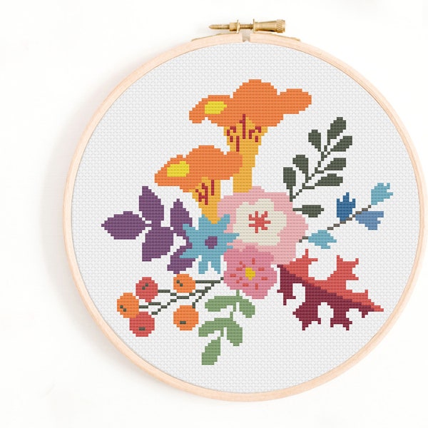 Mushroom Patch Cross Stitch Patterns - Funghi Cross Stitch Pattern. Colorful Floral Cross Stitch Chart / Fall Mushrooms Cross Stitch PDF