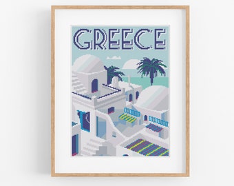 Vintage Travel Greece Cross Stitch Pattern - Vintage Style Greece Cross Stitch Pattern PDF Instant Download. Vintage Travel Corfu, Santorini