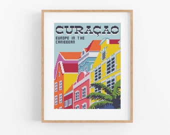 Patrón de punto de cruz de viaje vintage Curacao - Patrón de punto de cruz del Caribe PDF Descarga instantánea. Patrón de punto de cruz de la isla