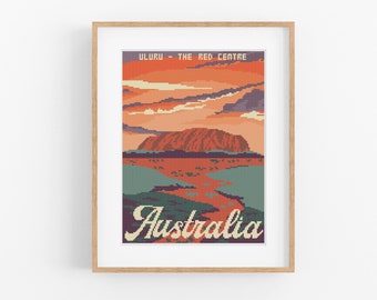 Vintage Travel Australia Cross Stitch Pattern - Vintage Style Uluru Cross Stitch Pattern PDF Instant Download. Ayers Rock National Park