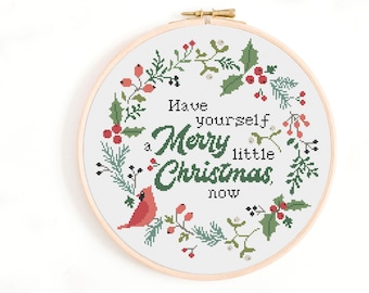 Christmas Wreath Cross Stitch Pattern - Have Yourself a Merry Little Christmas Cross Stitch Chart - Xmas Carol Cross Stitch PDF. Xmas Wreath