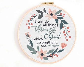Christian Cross Stitch Pattern - I Can Do All Things Through Christ, Which Strengthens Me Cross Stitch Pattern PDF Bible Philippians 4:13