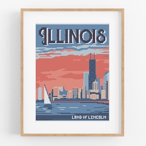 Vintage Travel &#39;Illinois&#39; Cross Stitch Pattern - Vintage Style Chicago Cross Stitch Pattern PDF Instant Download. Travel Poster Pattern