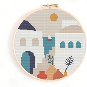 Greek Scene Cross Stitch Pattern - Traditional Greece Architecture Cross Stitch Pattern. Santorini Cross Stitch Chart Crete Mykonos Corfu