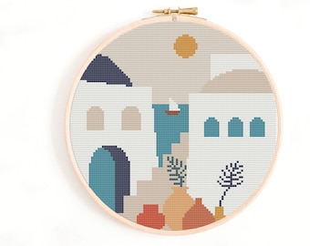 Greek Scene Cross Stitch Pattern - Traditional Greece Architecture Cross Stitch Pattern. Santorini Cross Stitch Chart Crete Mykonos Corfu