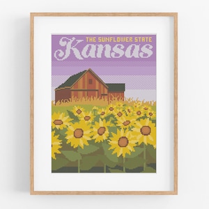 Vintage Travel &#39;Kansas&#39; Cross Stitch Pattern - Vintage Style Kansas Cross Stitch Pattern PDF Instant Download. US State Sunflower Pattern