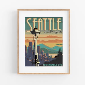 Patrón de punto de cruz de viaje vintage 'Seattle, Washington': patrón de punto de cruz con aguja espacial de estilo vintage, descarga instantánea.