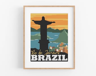 Vintage Travel Brazil Cross Stitch Pattern - Rio de Janeiro Cross Stitch Pattern PDF Instant Download. Christ the Redeemer Cross Stitch