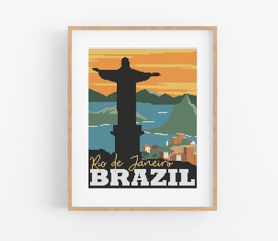 Vintage Travel Brazil Cross Stitch Pattern - Rio de Janeiro Cross Stitch Pattern PDF Instant Download. Christ the Redeemer Cross Stitch