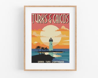Turks and Caicos Vintage Travel Cross Stitch Pattern: Caribbean Island Design (PDF Download)