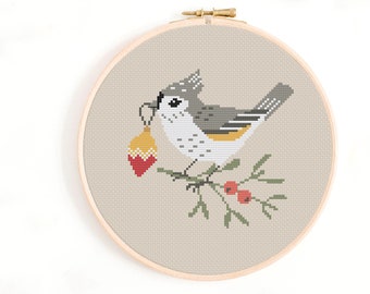 Tufted Titmouse Cross Stitch Pattern - Winter Birds Cross Stitch Pattern. Birdwatcher Cross Stitch Chart / Christmas Cross Stitch PDF Birds